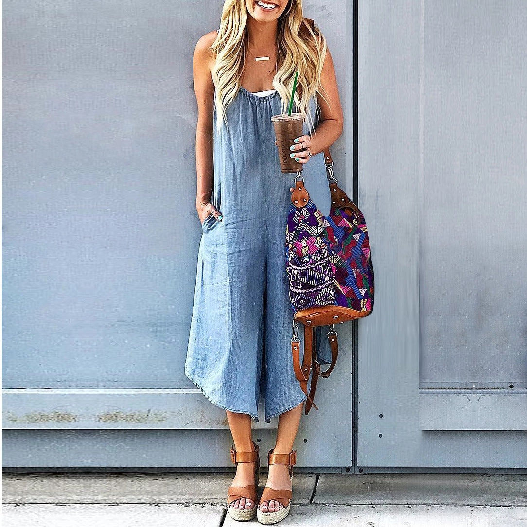 Women’s Crew Neck Sleeveless Wide-Leg Denim Jumpsuit FitiqueFit