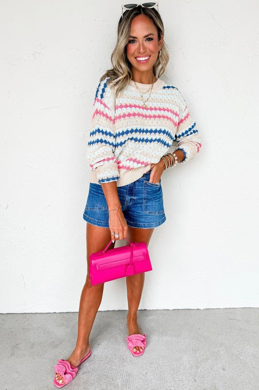 Stripe Eyelet Knit Drop Shoulder Sweater Shop Style & More | Fresh Looks, Everyday Deals & Free Shipping