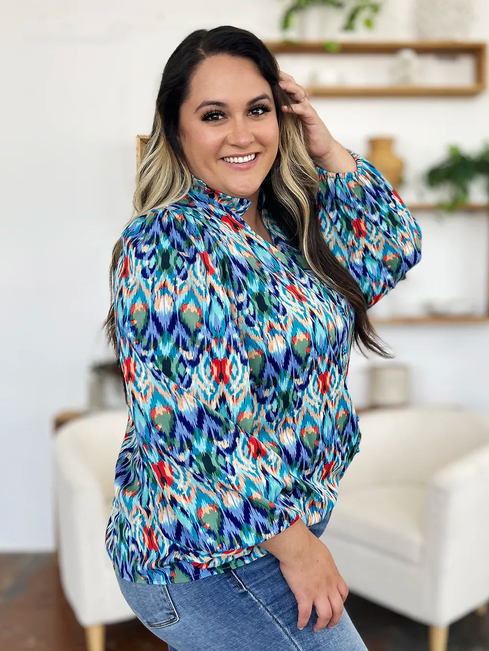 Double Take Full Size Printed Balloon Sleeve Blouse New Era Fashion LLc