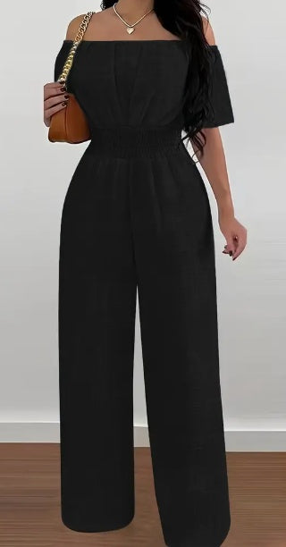 Elegant Off-Shoulder Short Sleeve Waist Cinch Jumpsuit Solid Color Grayceful LLC