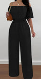 Elegant Off-Shoulder Short Sleeve Waist Cinch Jumpsuit Solid Color Grayceful LLC