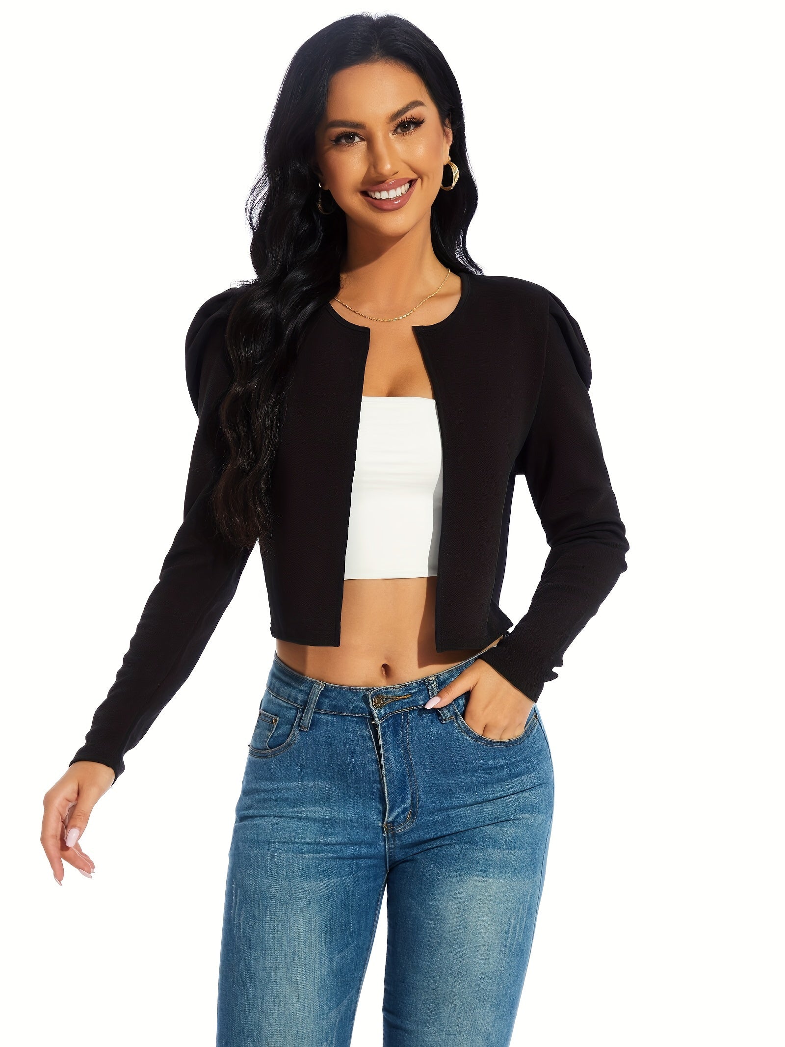 Gigot Sleeve Open Front Crop Jacket, Solid Casual Short Jacket, Women's Clothing NovaCart