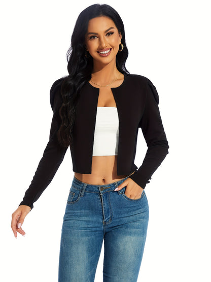 Gigot Sleeve Open Front Crop Jacket, Solid Casual Short Jacket, Women's Clothing NovaCart
