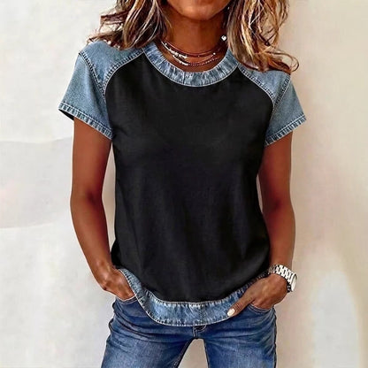Women's Retro Denim Patchwork Short-Sleeve Shirt – Loose Fit FitiqueFit