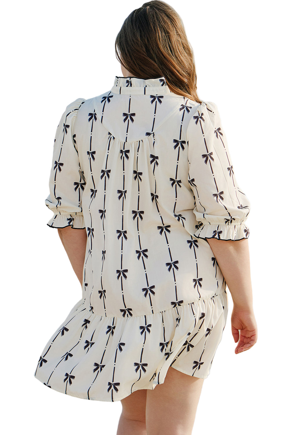 Apricot Bow Printed Puff Sleeve Ruffled Plus Size Mini Dress Garden Naked Curves