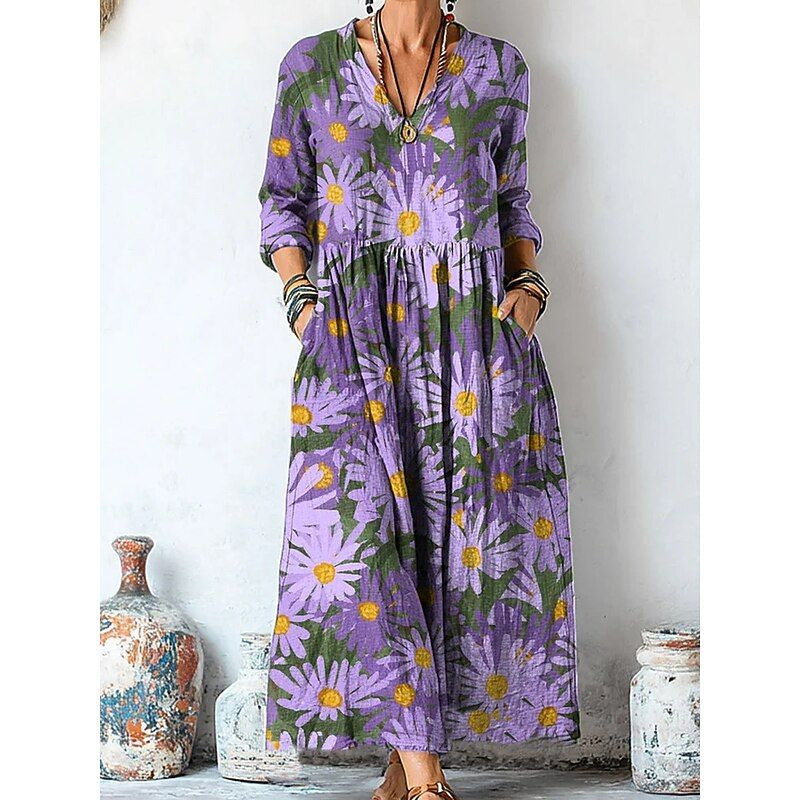 Women's Retro Chic 3D Print V-Neck Long-Sleeve A-Line Dress FitiqueFit