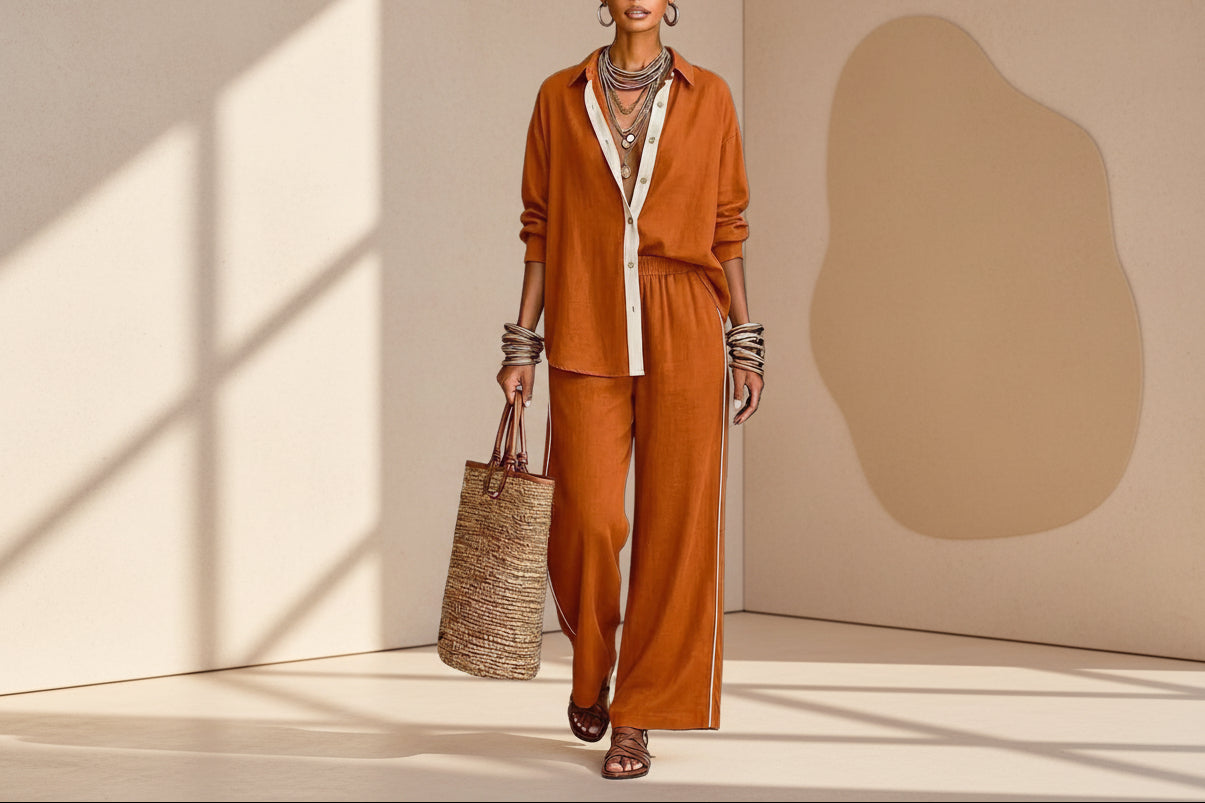 Contrast-Color Long-Sleeve Shirt & Pants Set – Two-Piece FitiqueFit