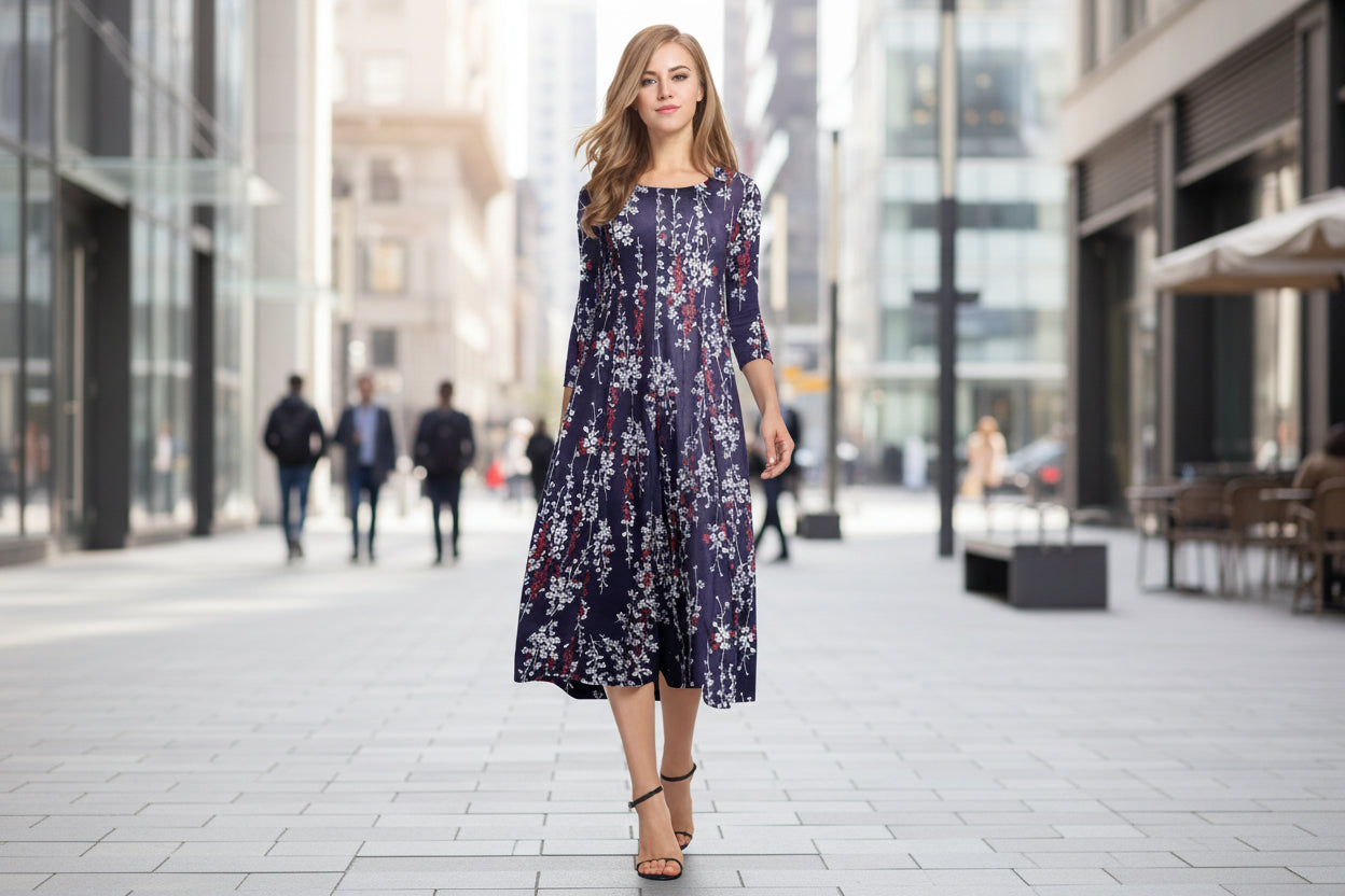 Women’s Floral Patchwork Three-Quarter Sleeve Dress FitiqueFit