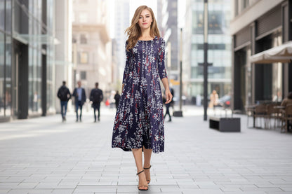 Women’s Floral Patchwork Three-Quarter Sleeve Dress FitiqueFit