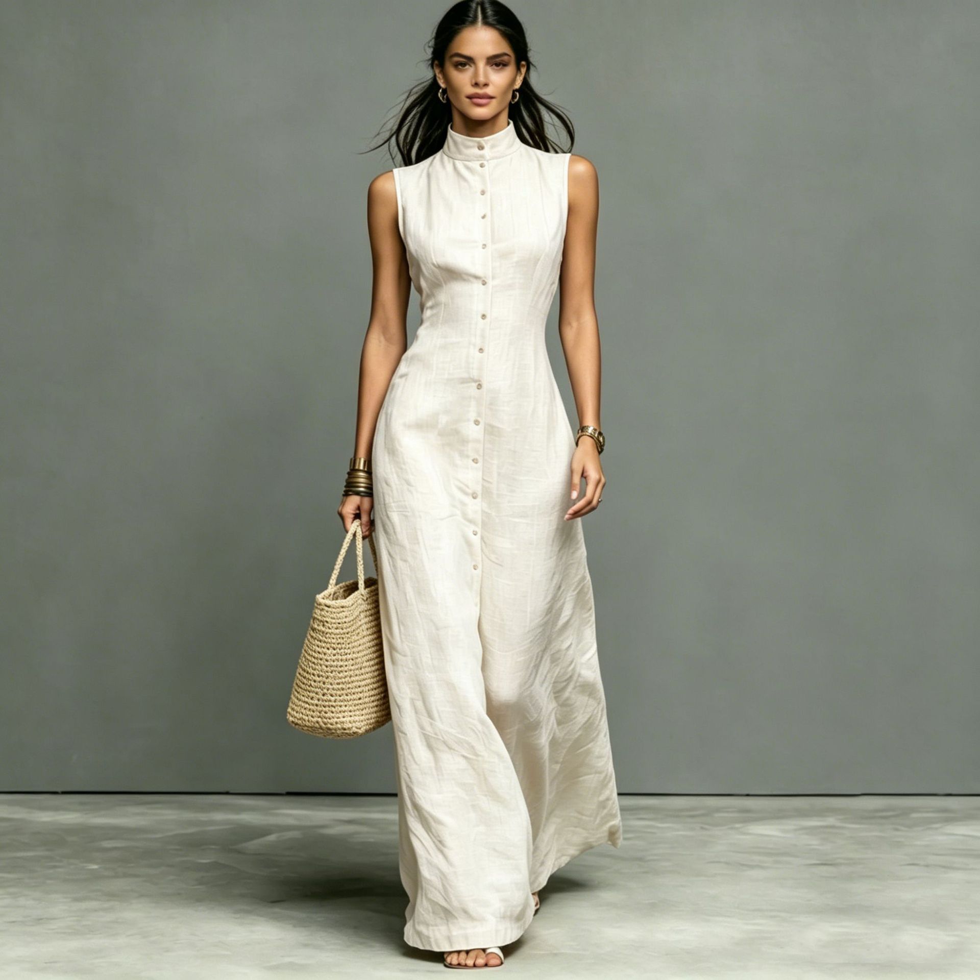Women's Stand-Collar Single-Breasted Sleeveless Midi Dress FitiqueFit