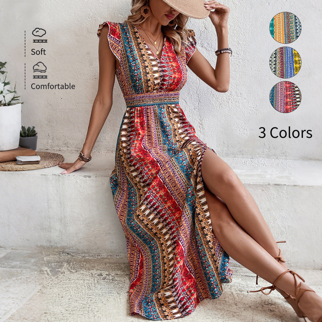 Women's Boho Geometric Print Puff Sleeve A-Line Maxi Dress – 3 Colors S–XL FitiqueFit
