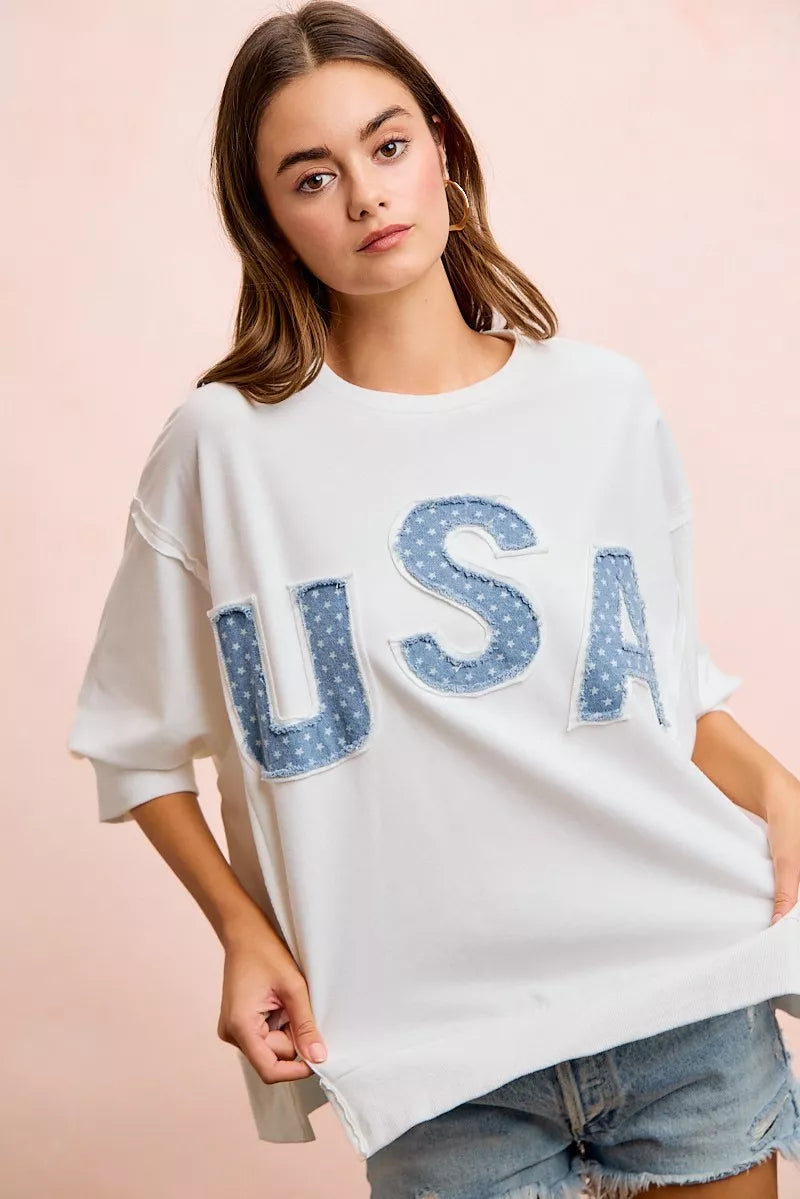 BiBi 4th Of July Usa Letter Patchwork French Terry Top New Era Fashion LLc