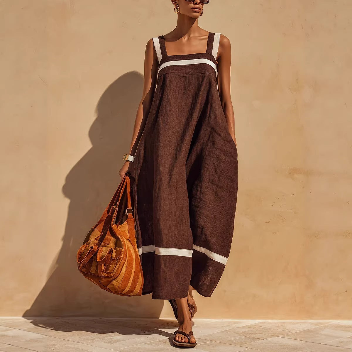 Women's Contrast Strap Casual Loose Midi Dress – Linen Blend FitiqueFit