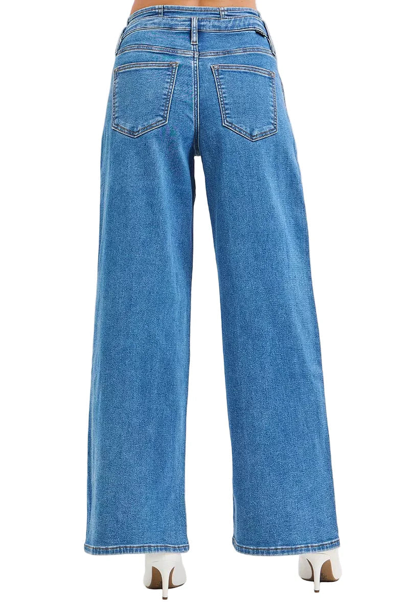 RISEN Full Size Mid Rise Fit Wide Leg with Pleated Detail Jeans Plus Size Garden Naked Curves