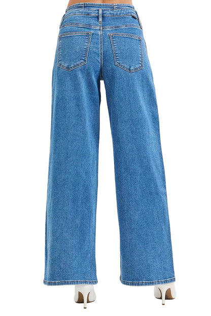 RISEN Full Size Mid Rise Fit Wide Leg with Pleated Detail Jeans Plus Size Garden Naked Curves