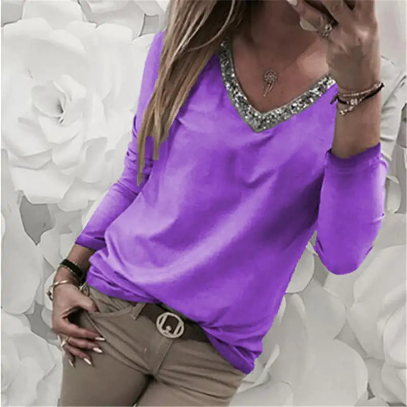 Plus Size Women's Sequin Long Sleeve V Neck T-shirt
