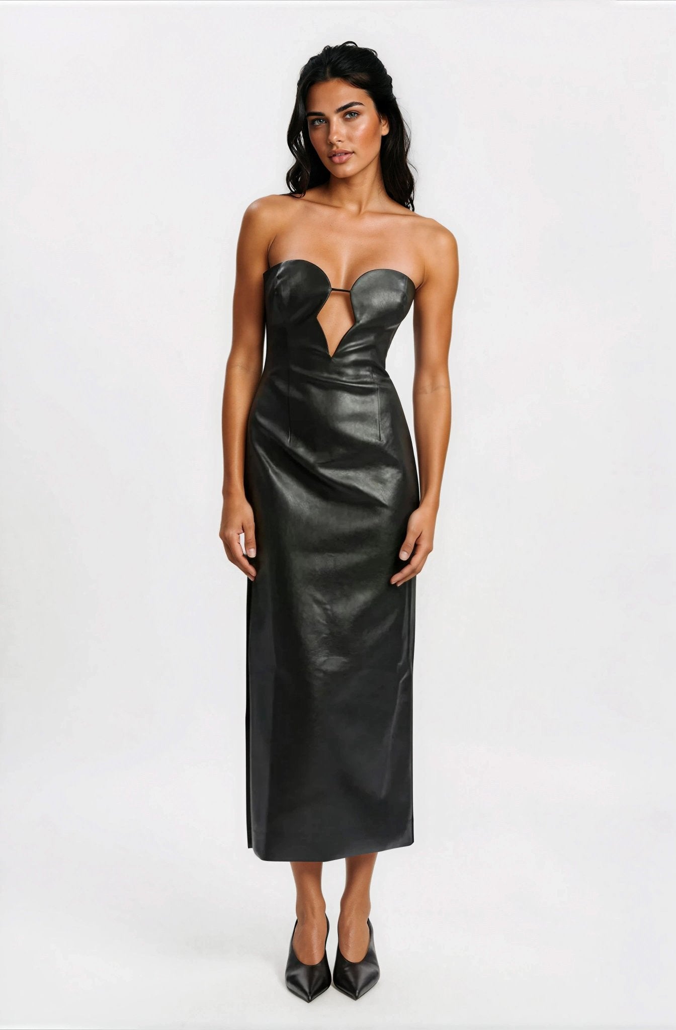 Eleni Vegan Leather Midi Dress - Black XO, Tina