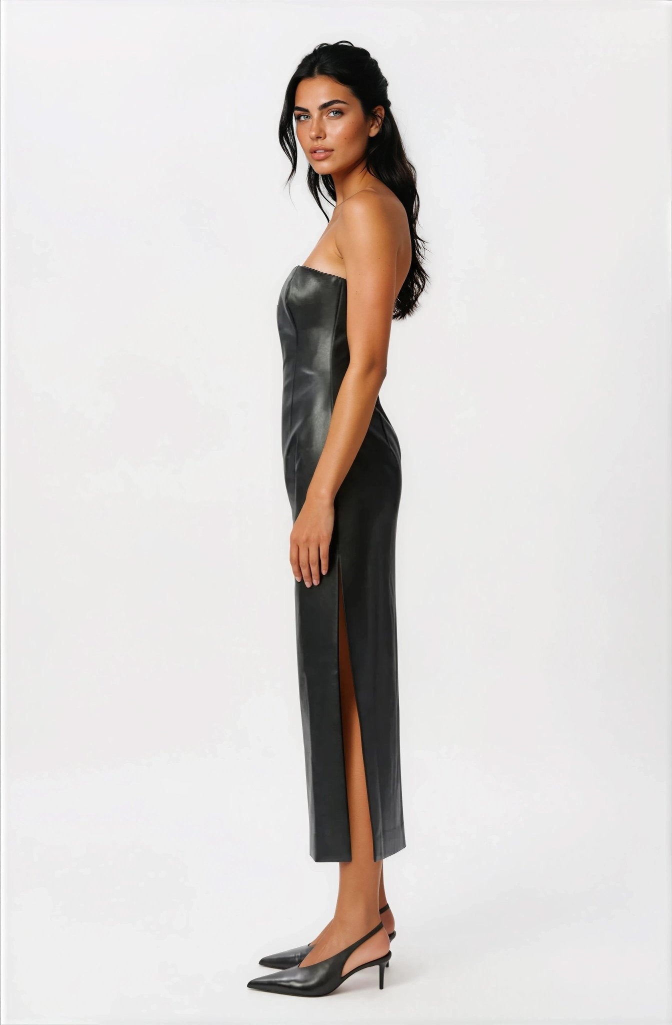 Eleni Vegan Leather Midi Dress - Black XO, Tina