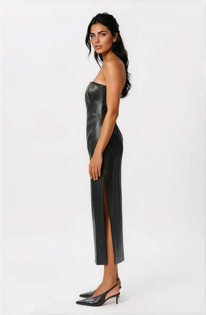 Eleni Vegan Leather Midi Dress - Black XO, Tina