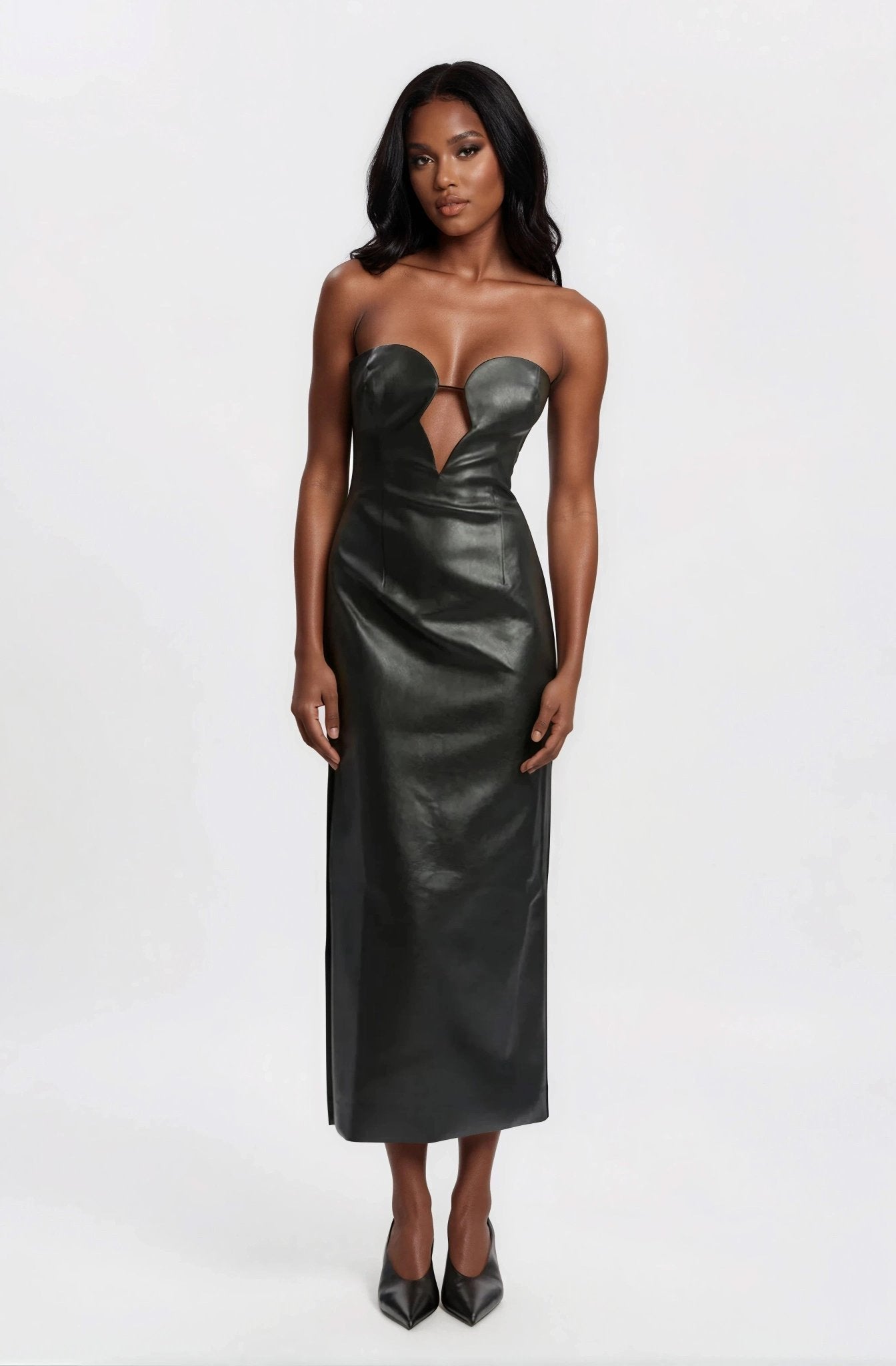Eleni Vegan Leather Midi Dress - Black XO, Tina