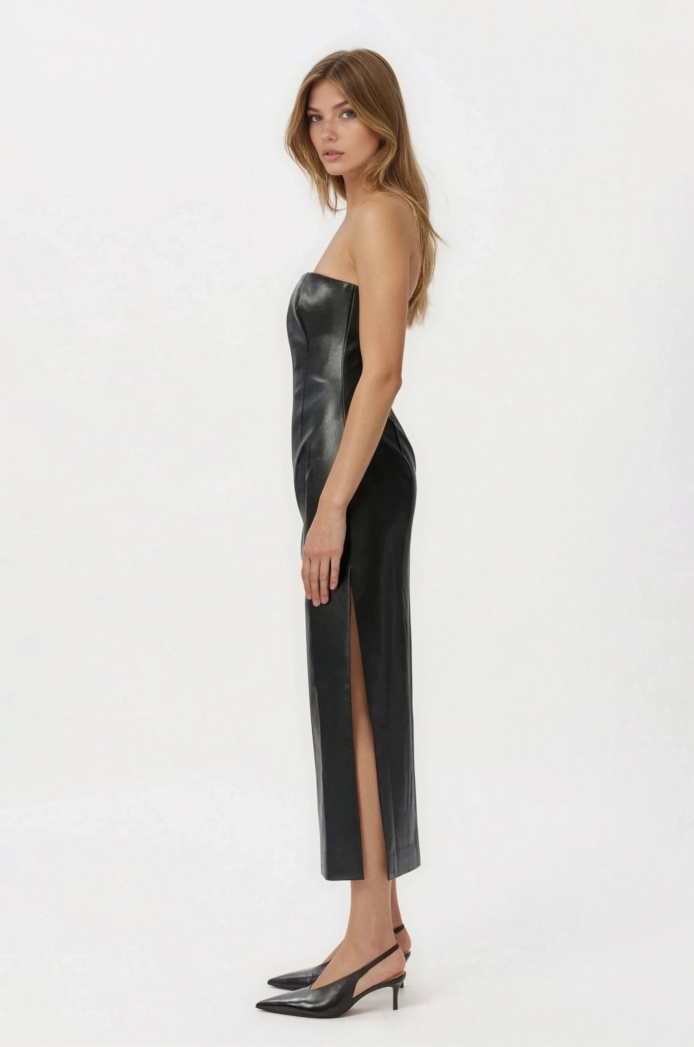 Eleni Vegan Leather Midi Dress - Black XO, Tina