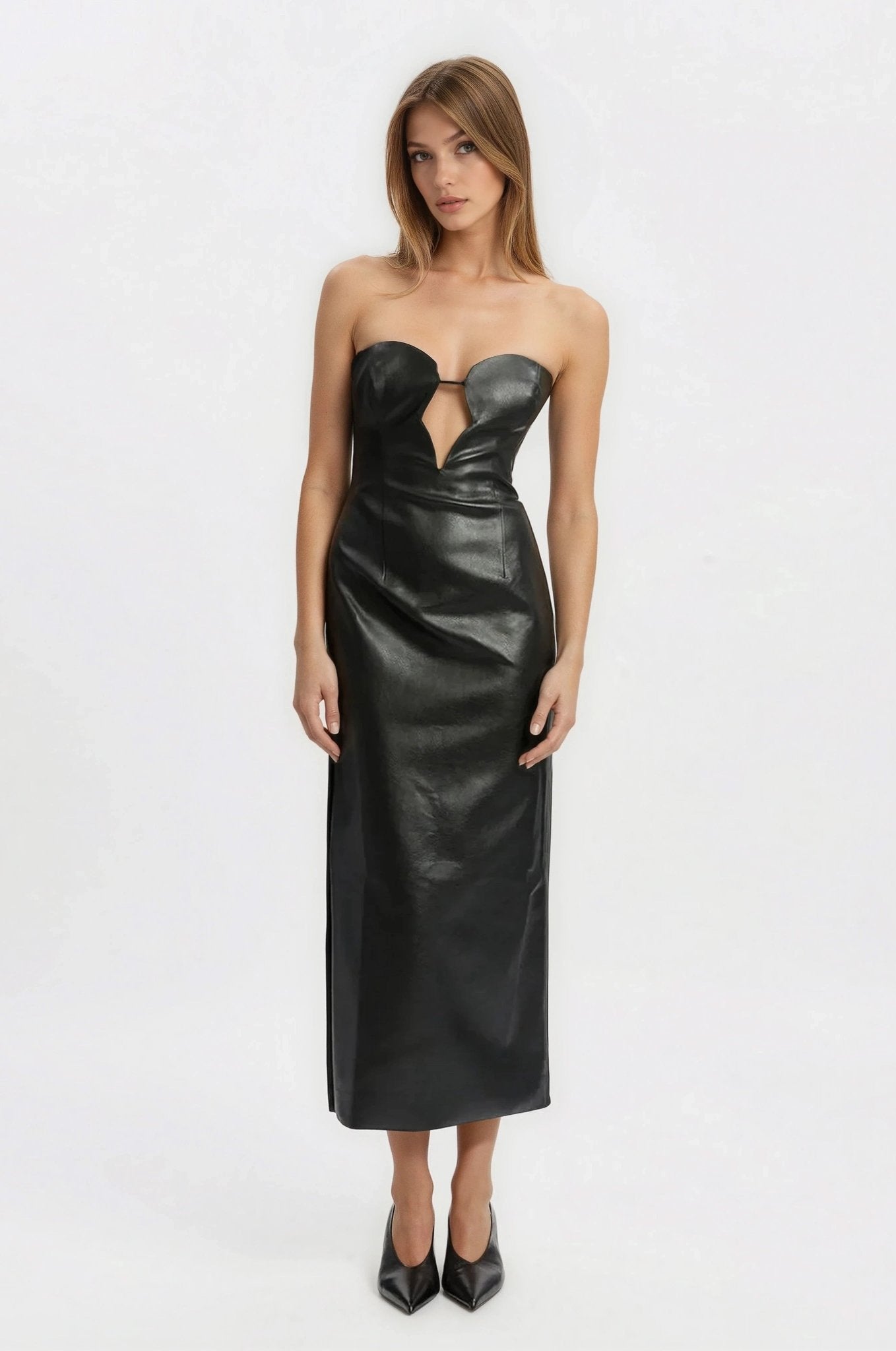 Eleni Vegan Leather Midi Dress - Black XO, Tina