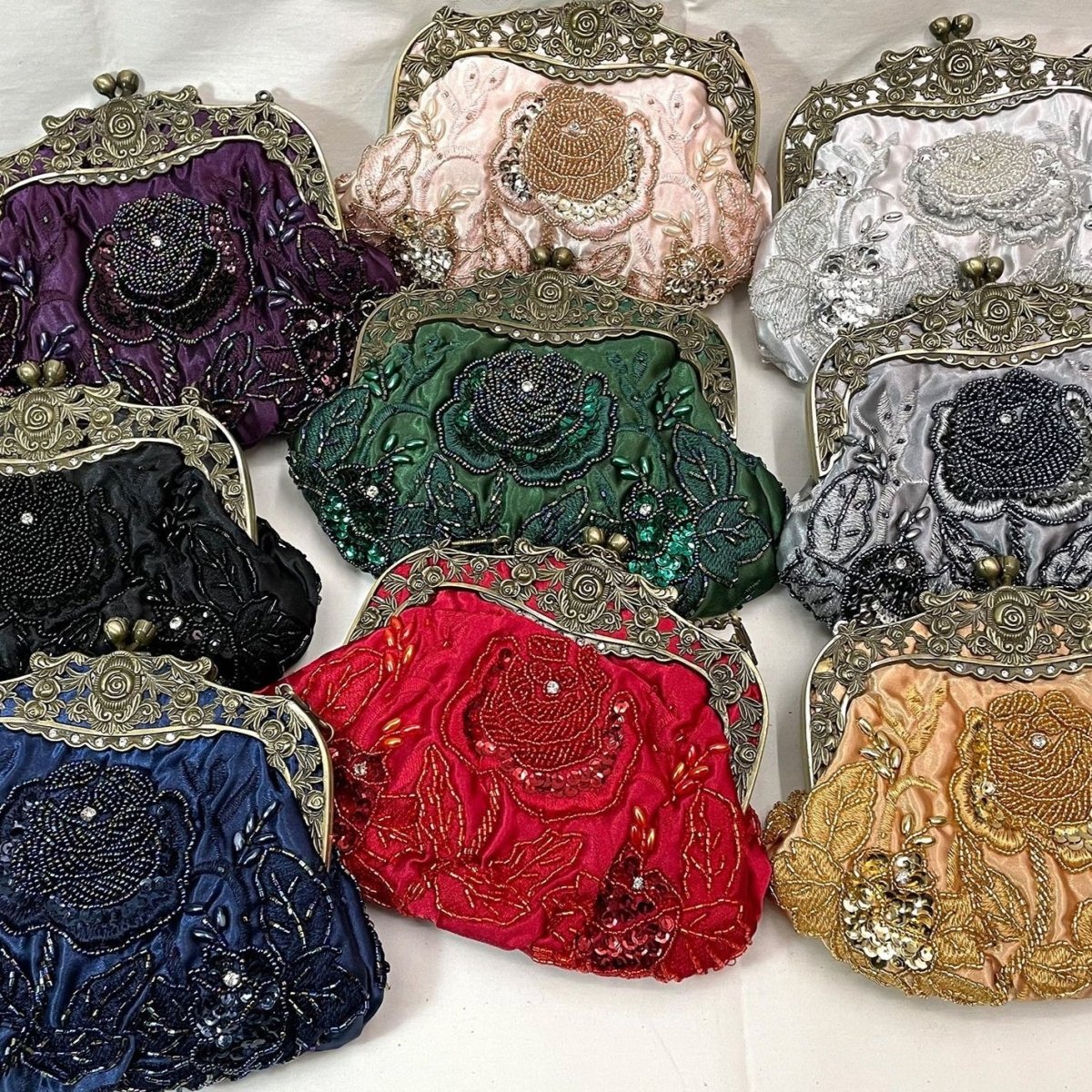 Embroidered Rose with Sequins Beads Evening Clutch Bag (MAC291) Mariam's Collection