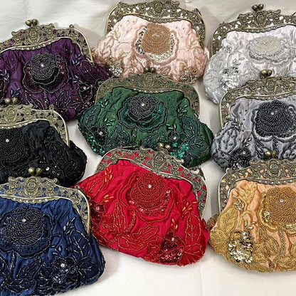 Embroidered Rose with Sequins Beads Evening Clutch Bag (MAC291) Mariam's Collection