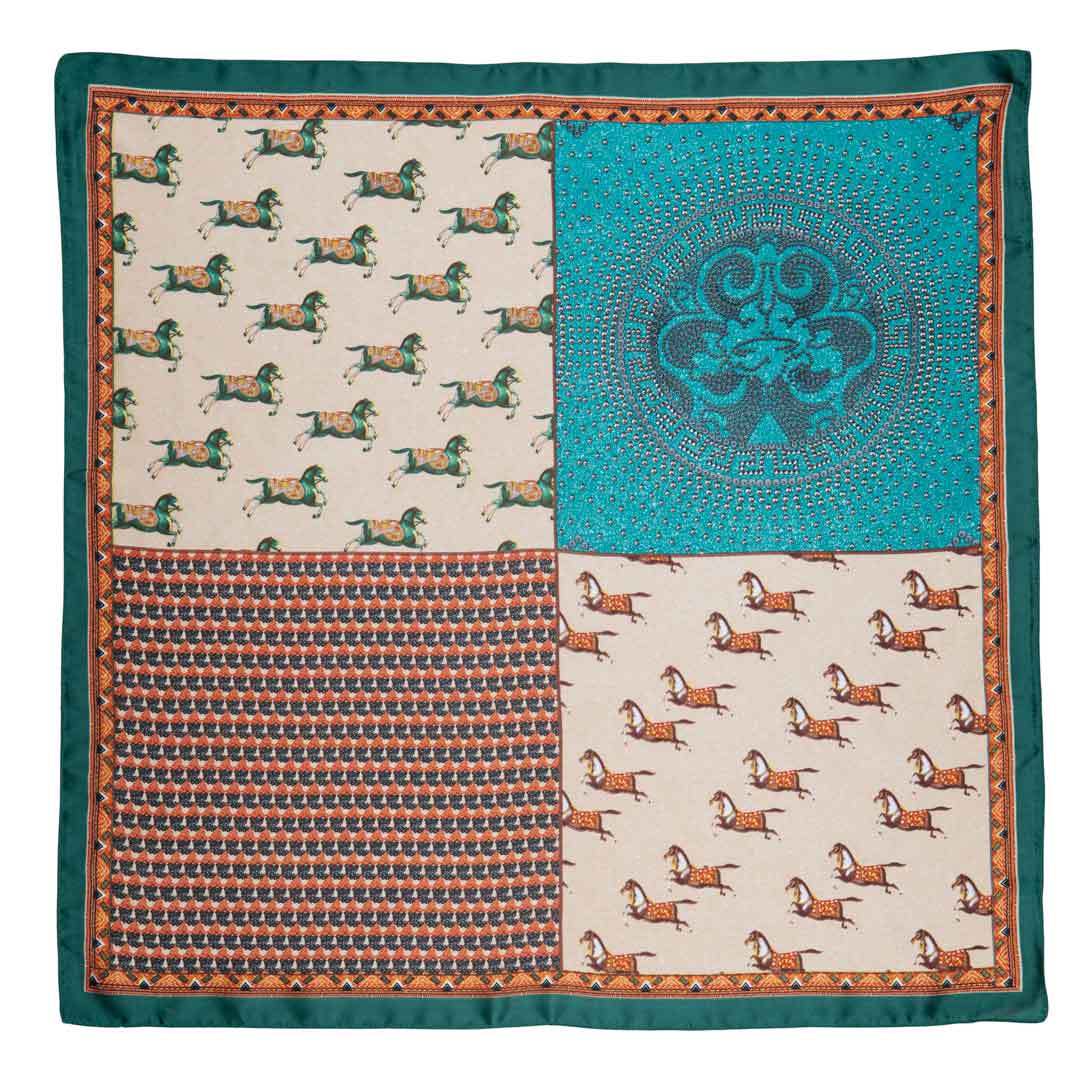 Empire - Stylized Equestrian Pattern Multi-Color w/ Emerald Border Scarf Urban-Equestrian