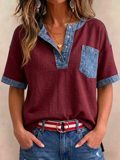 Women's Casual Loose-Fit Color-Block Patchwork Short-Sleeve Top FitiqueFit