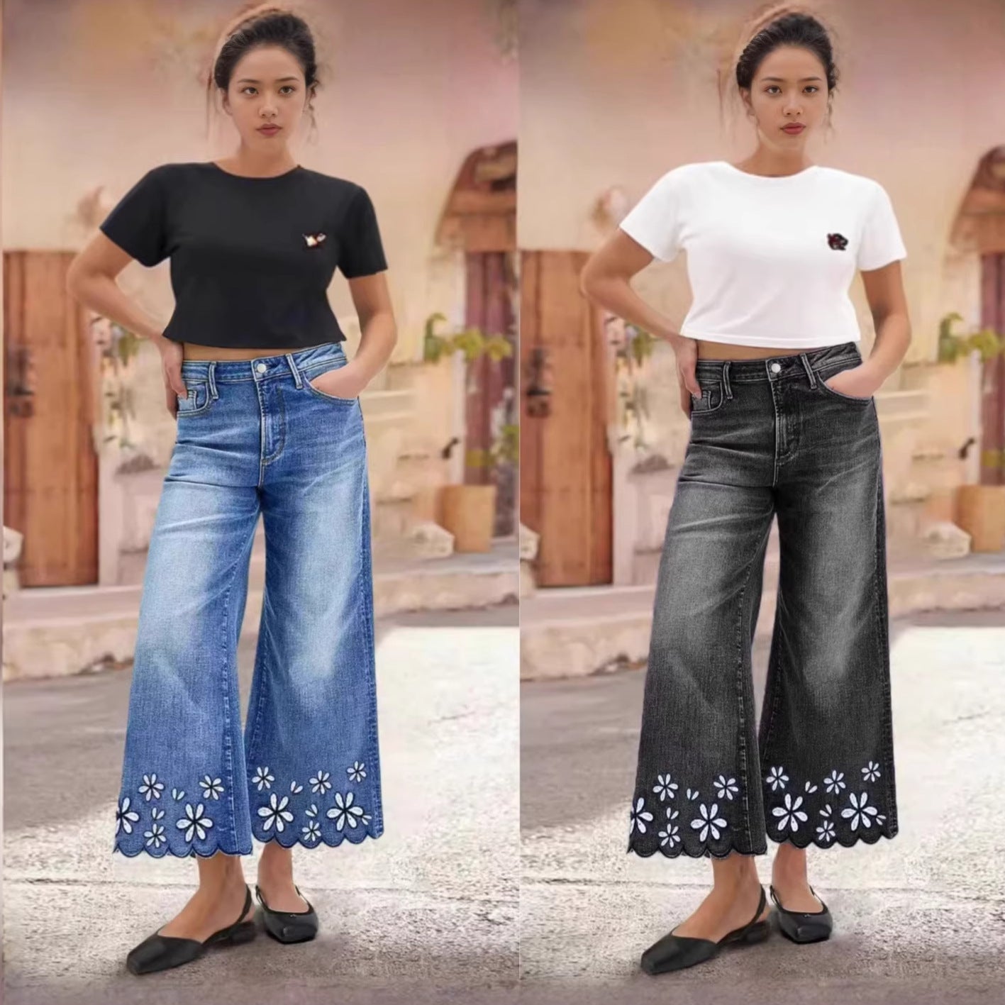 Chrysanthemum Embroidered Cropped Denim Jeans – Women's Loose Straight-Leg FitiqueFit