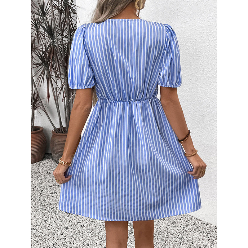 Women’s Striped Tie-Front Puff Sleeve Mini Dress FitiqueFit