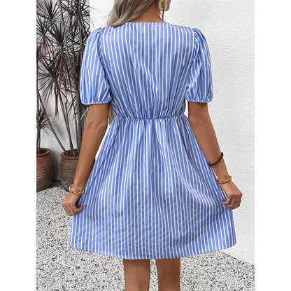 Women’s Striped Tie-Front Puff Sleeve Mini Dress FitiqueFit