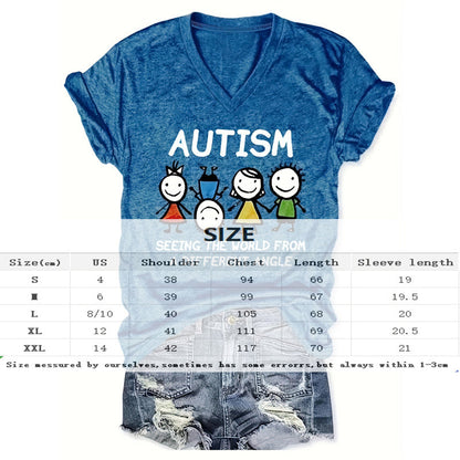 V-Neck 'AUTISM' Letters & Cartoon Children Print Tee FitiqueFit