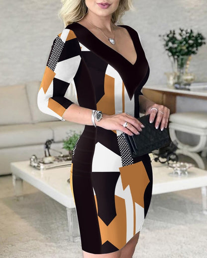 Printed Wrap Hip Skirt V-neck Dress Grayceful LLC