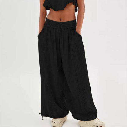 Women’s Solid Color Wide Leg Pants – Elastic Drawstring Waist and Side Pockets FitiqueFit