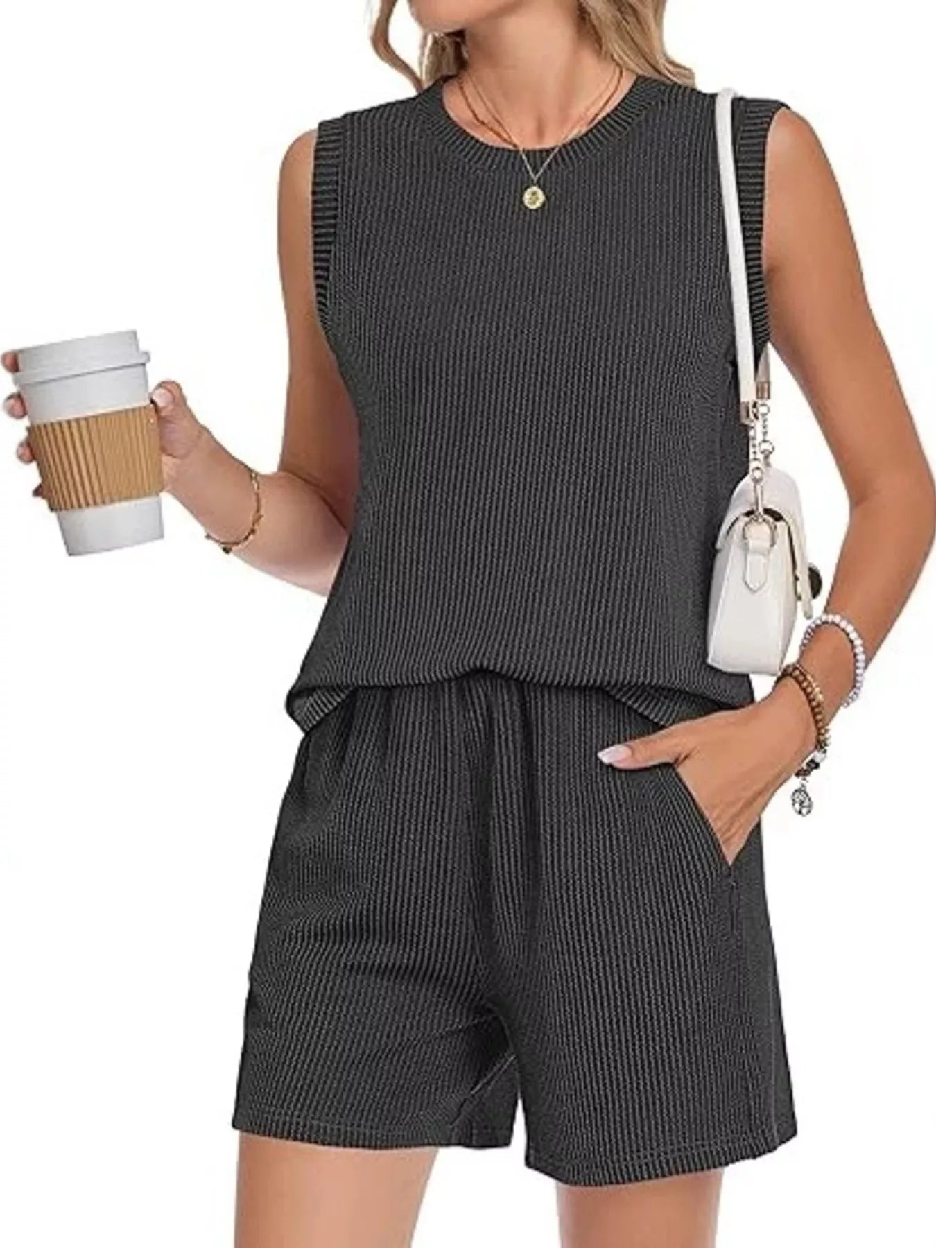 Casual Ribbed Knit Sleeveless Top and Shorts Set New Era Fashion LLc
