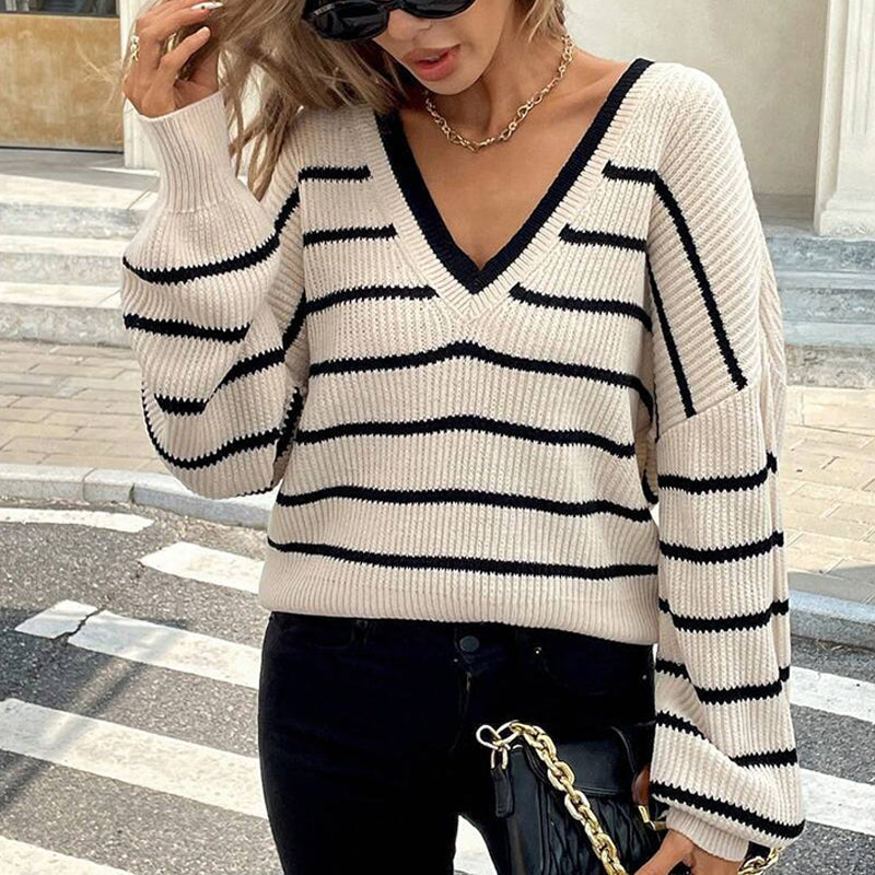 Women’s Striped V-Neck Sweater with Back Bow FitiqueFit