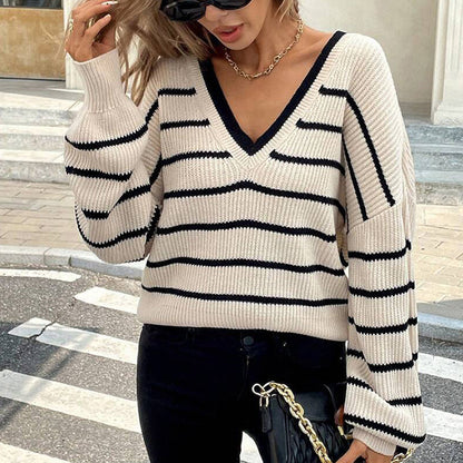 Women’s Striped V-Neck Sweater with Back Bow FitiqueFit