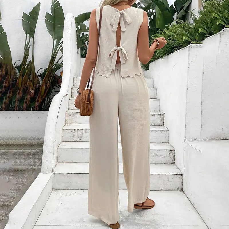 Elegant 2-Piece Matching Set, Sleeveless Crop Top And Wide Leg Pants Outfits FitiqueFit