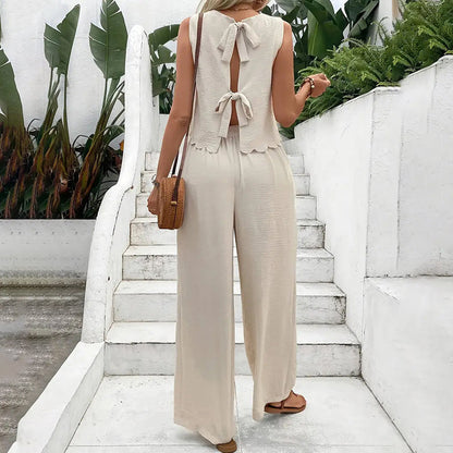 Elegant 2-Piece Matching Set, Sleeveless Crop Top And Wide Leg Pants Outfits FitiqueFit