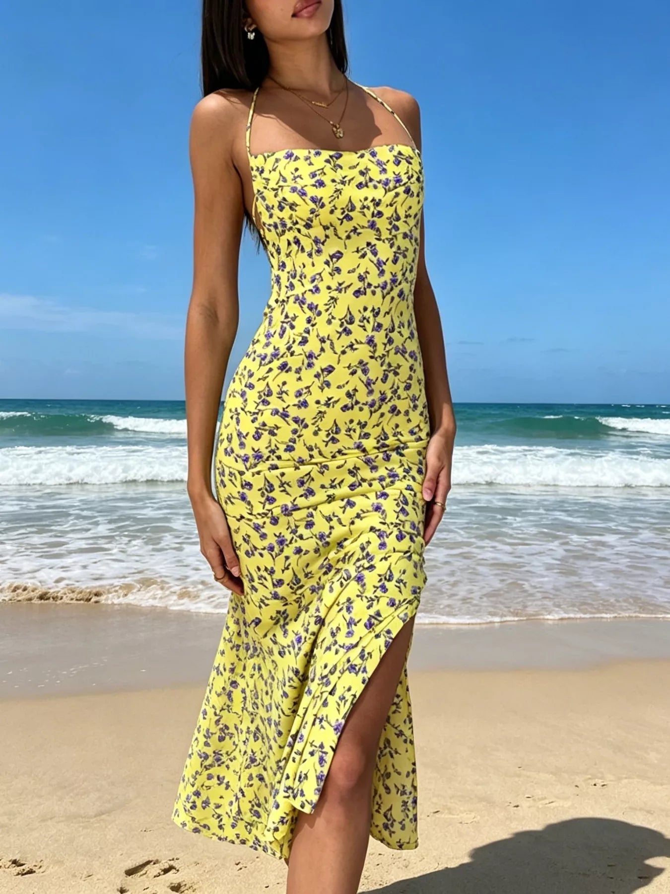 Floral Print Halter Neck Backless Slit Midi Dress New Era Fashion LLc