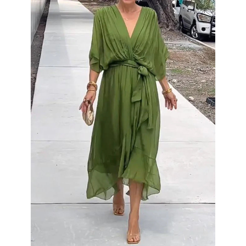 Batwing Sleeve V-Neck Midi Dress – Tied Irregular Hem Fairy Dress FitiqueFit