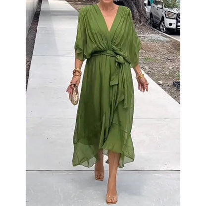 Batwing Sleeve V-Neck Midi Dress – Tied Irregular Hem Fairy Dress FitiqueFit