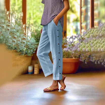 Cropped Pants With Decorative Buttons Along the Side Seams FitiqueFit
