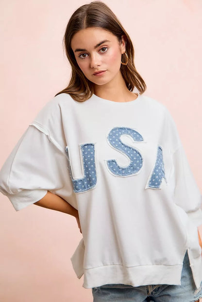 BiBi 4th Of July Usa Letter Patchwork French Terry Top New Era Fashion LLc