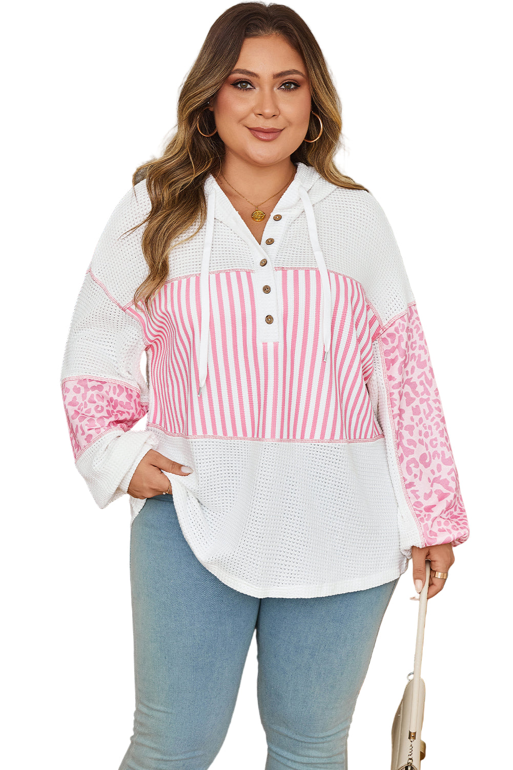 Pink Stripe Leopard Patchwork Waffle Knit Buttoned Plus Size Hoodie Garden Naked Curves