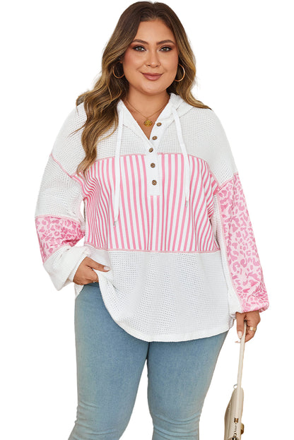 Pink Stripe Leopard Patchwork Waffle Knit Buttoned Plus Size Hoodie Garden Naked Curves