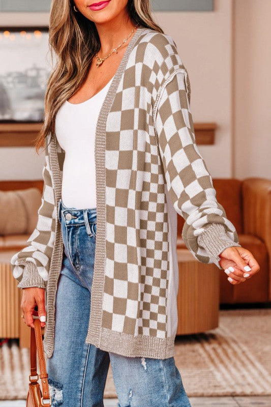 Checker Open Front Drop Shoulder Cardigan Shop Style & More | Fresh Looks, Everyday Deals & Free Shipping