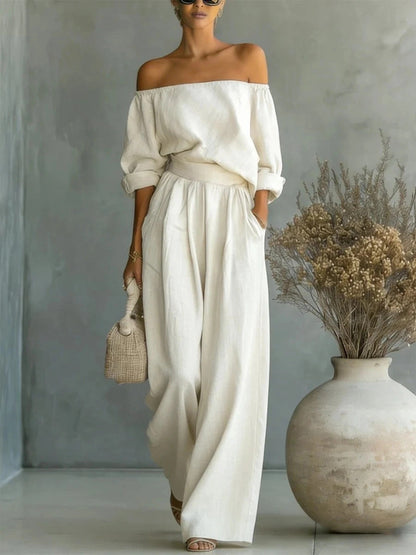 Women's Off-Shoulder Long-Sleeve Top & Wide-Leg Pants Two-Piece Set FitiqueFit